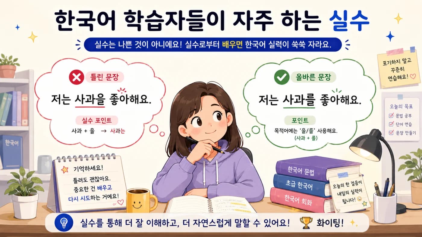 Illustration contrasting a wrong Korean sentence with the correct one, encouraging learning from mistakes