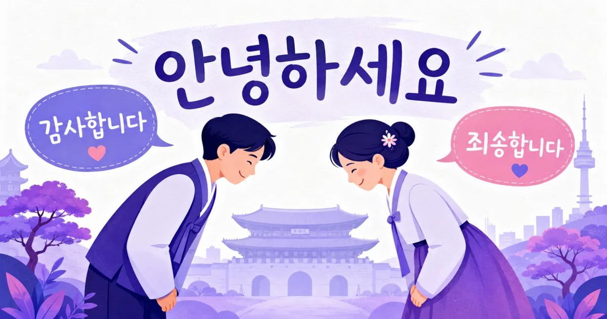 Illustrated guide to essential Korean greetings with Hangul text 안녕하세요