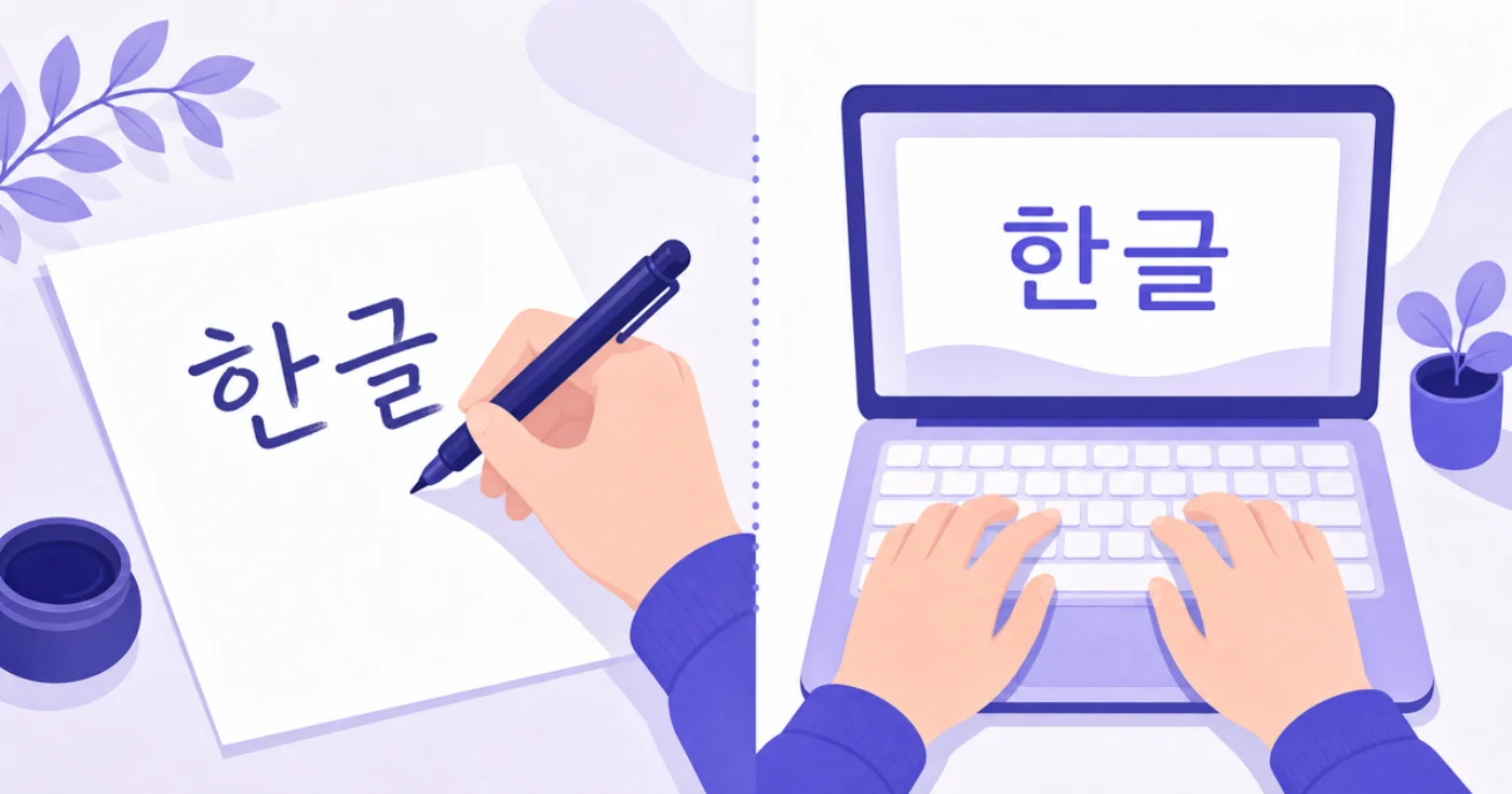 Split illustration of a hand writing Hangul on paper versus fingers typing Hangul on a laptop