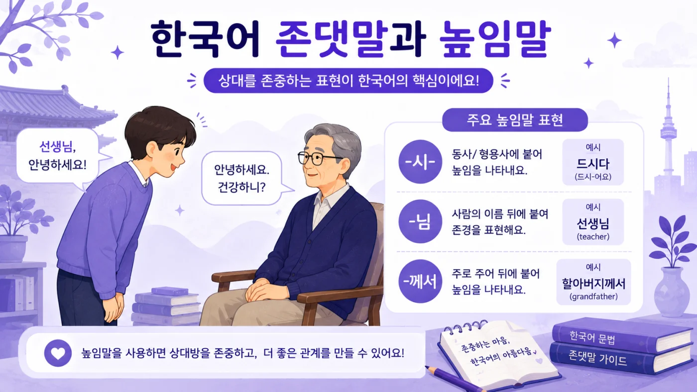 Illustration of a younger person speaking respectfully to an elder, with Korean honorific markers -시-, -님, -께서