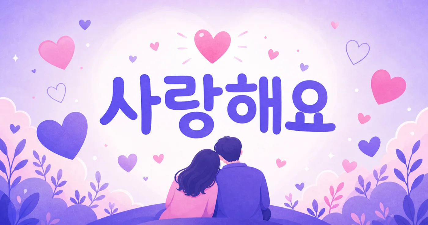 Romantic illustration with hearts and the Korean phrase 사랑해요 meaning I love you