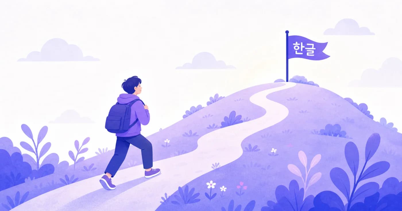 Encouraging illustration of a learner walking up a gentle hill toward a flag reading 한글