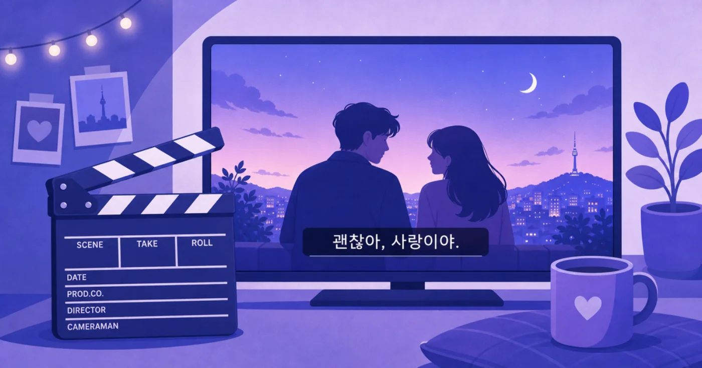 Cinematic illustration of a K-drama scene on a TV with a subtitle reading 괜찮아, 사랑이야