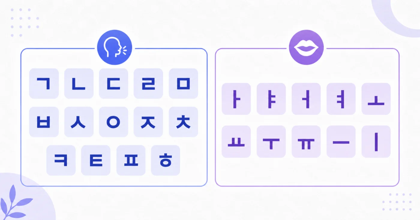 Chart separating the 14 Korean consonants from the 10 Korean vowels into two color-coded groups