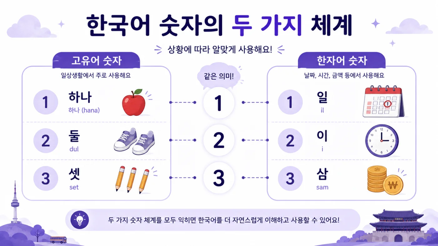 Infographic comparing Korean's two number systems: Native Korean 하나 둘 셋 and Sino-Korean 일 이 삼