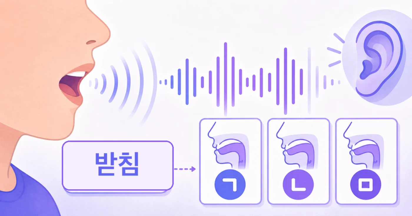 Illustration of sound waves from a mouth to an ear, with final consonant (받침) mouth shapes for ㄱ ㄴ ㅁ
