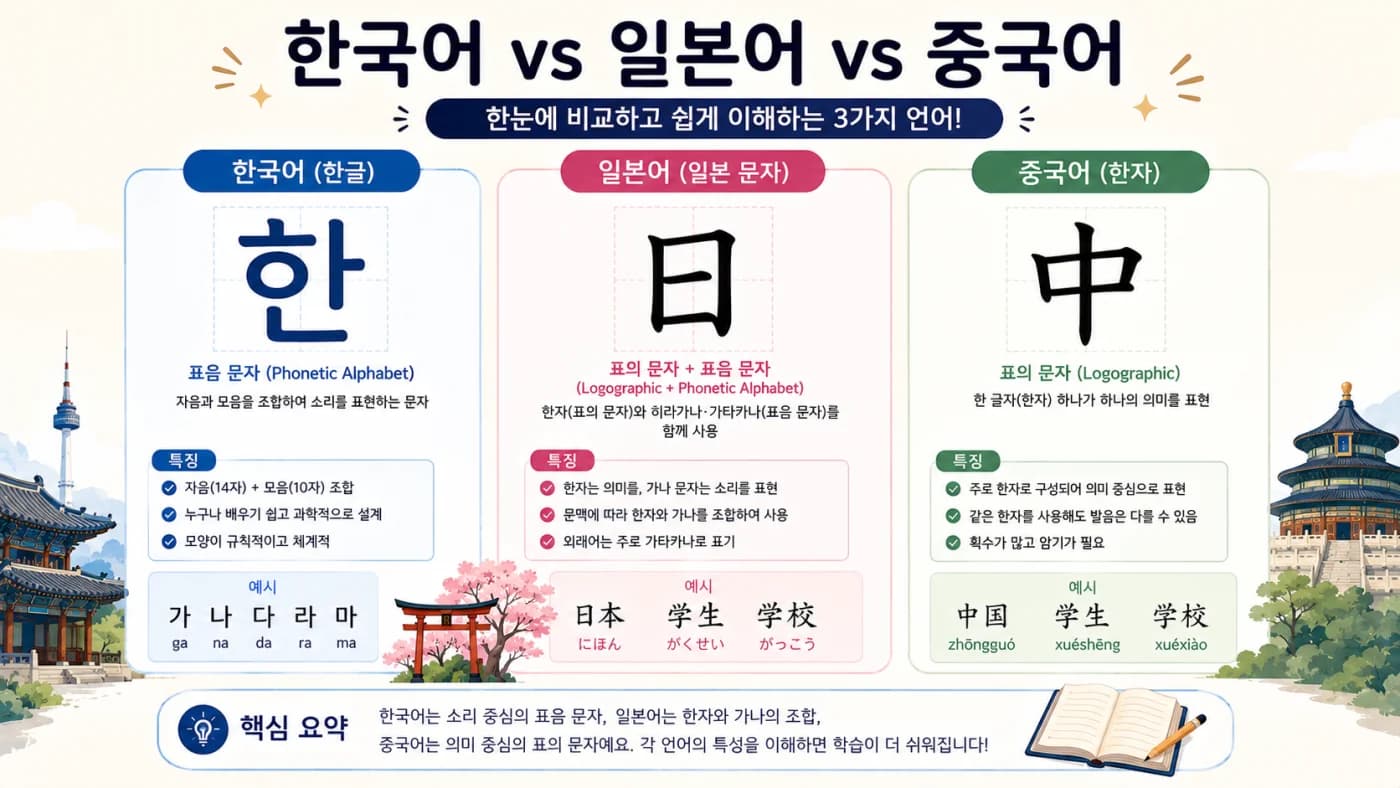 Comparison of three East Asian writing systems: Korean Hangul 한, Japanese 日, and Chinese 中