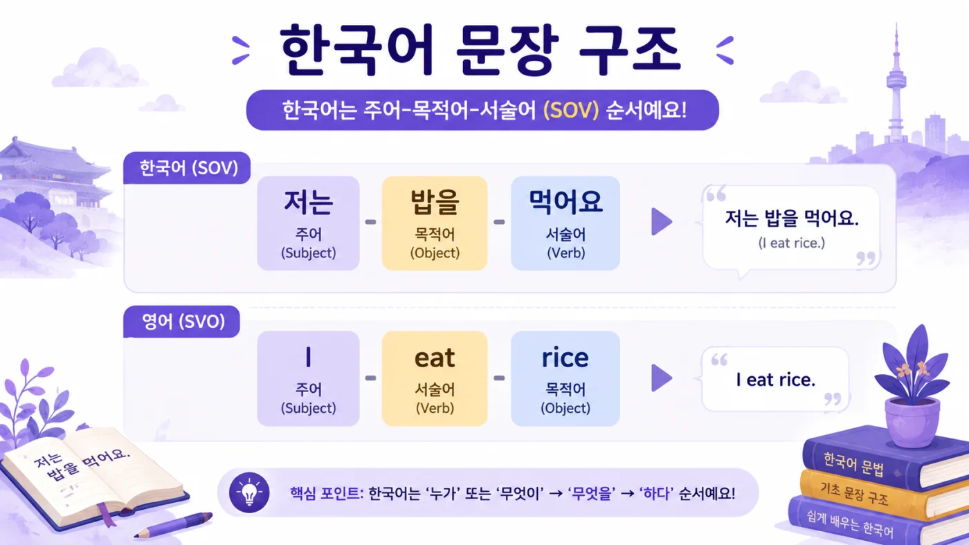 Diagram comparing Korean SOV word order (저는 밥을 먹어요) with English SVO word order (I eat rice)