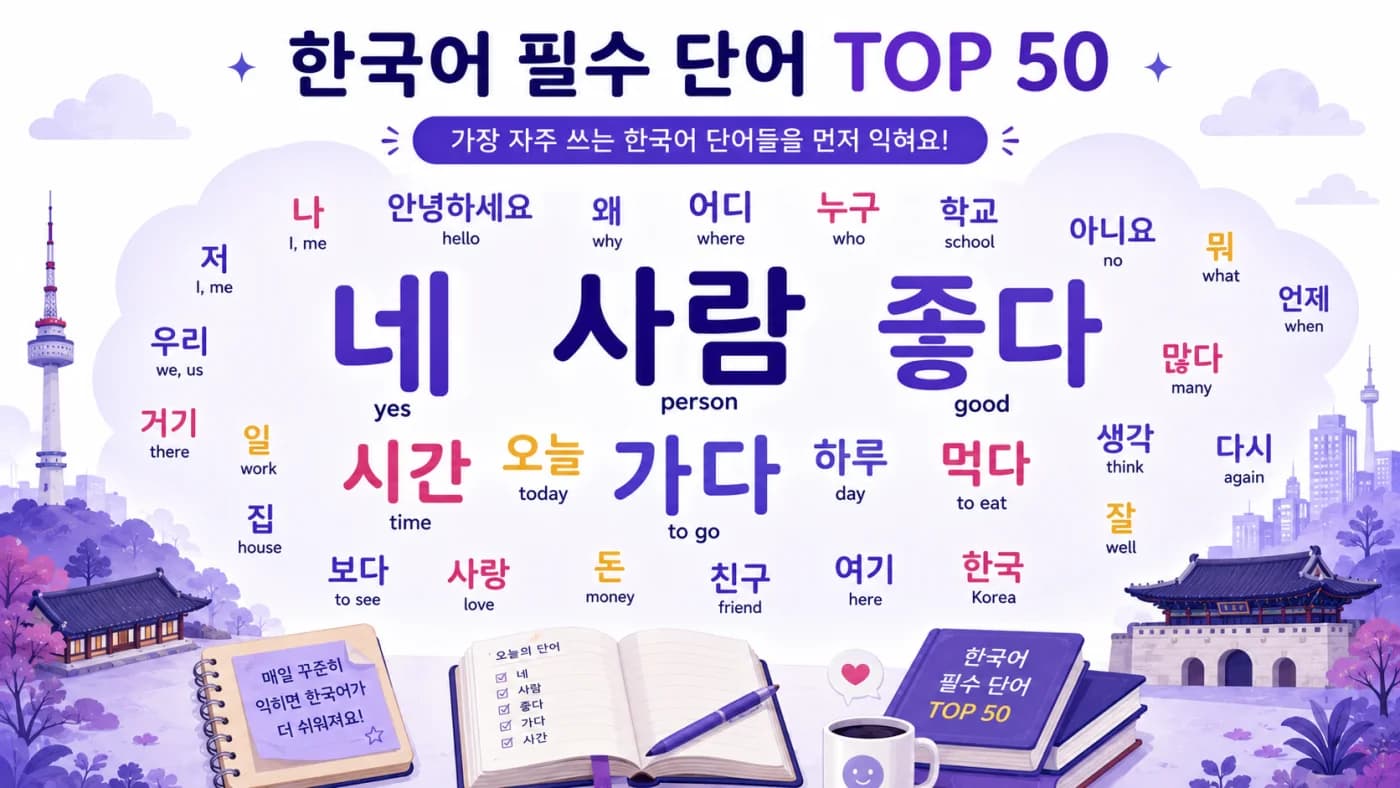 Word cloud of the 50 most common Korean words such as 네, 사람, 좋다, 시간, 가다 with English meanings