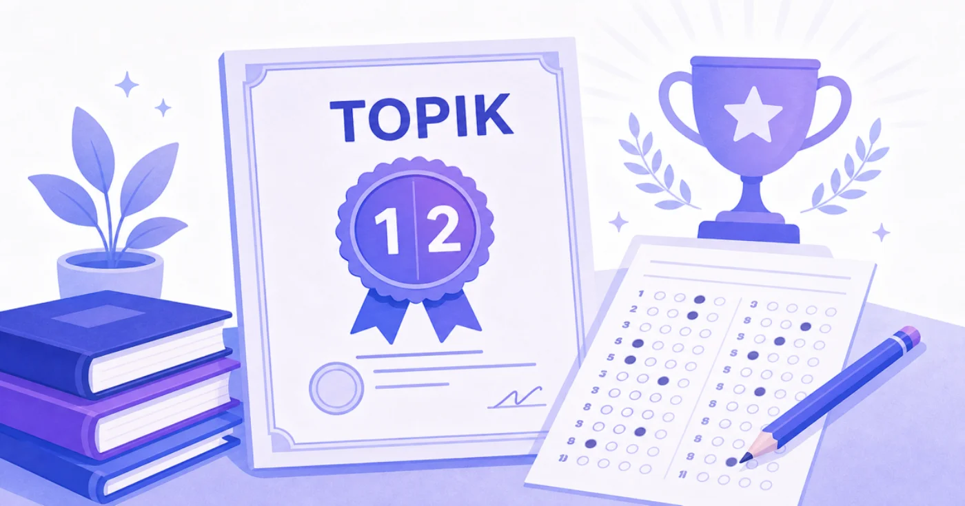 Illustration of a TOPIK certificate showing levels 1 and 2, a trophy, and an answer sheet