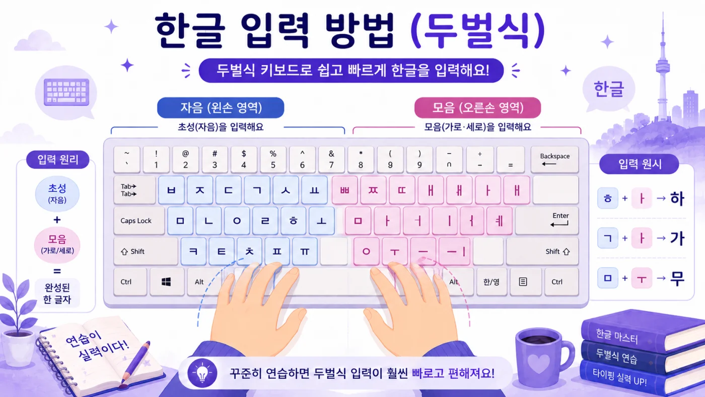 Diagram of the Korean Dubeolsik keyboard layout with consonants on the left and vowels on the right