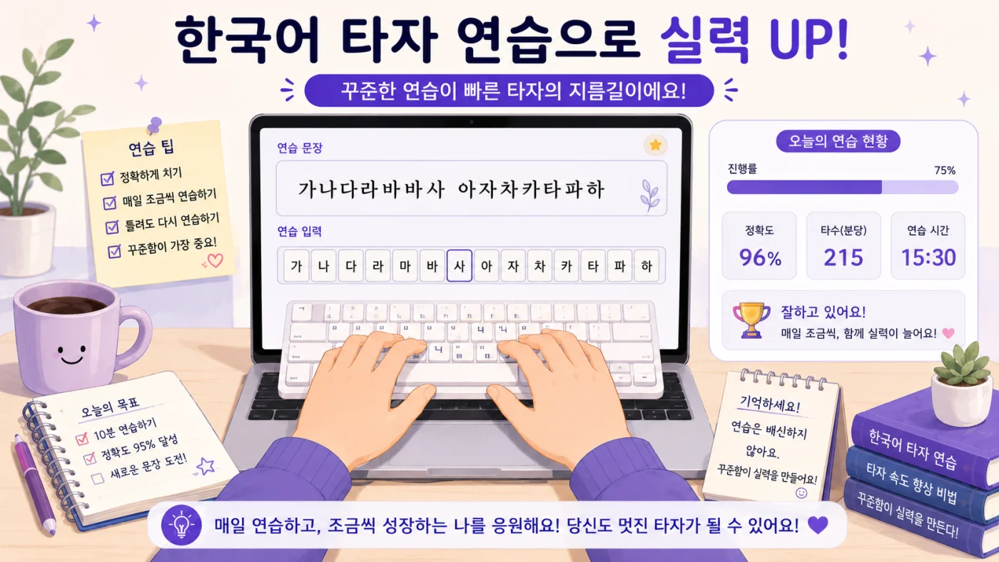 Illustration of hands typing Korean syllables on a laptop with a practice accuracy and speed readout