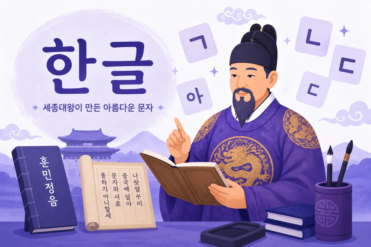 Illustration of King Sejong the Great who created Hangul, with the word 한글 and the Hunminjeongeum text